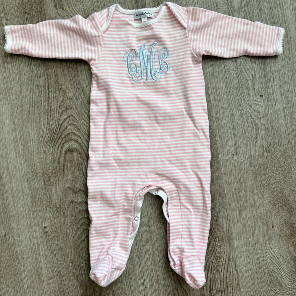 Cozy Pink Striped Kids Footie- Monogram, CML